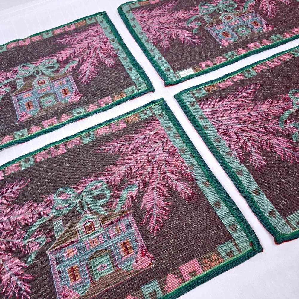Vintage Christmas Tapestry Placemats Set Holiday Cottage Winter Decor 17.5x13